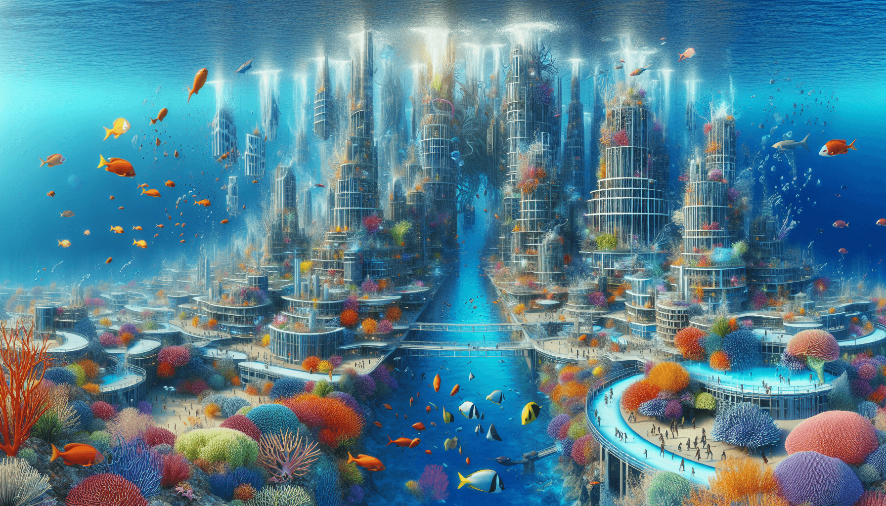 Underwater city with marine life